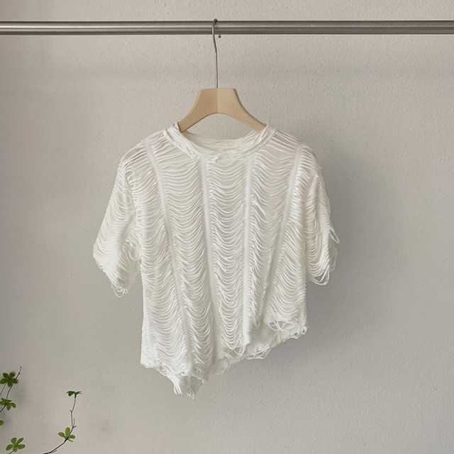 夏季韓版重工波浪紋設計圓領寬鬆顯瘦不規則短袖T恤上衣22062703