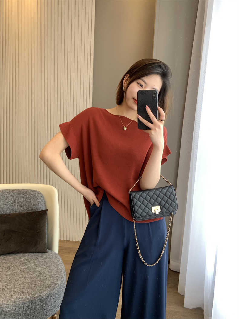 IN BLUE 島國單！冰麻質地！夏季薄款寬鬆一字領短袖針織衫T恤女22062804