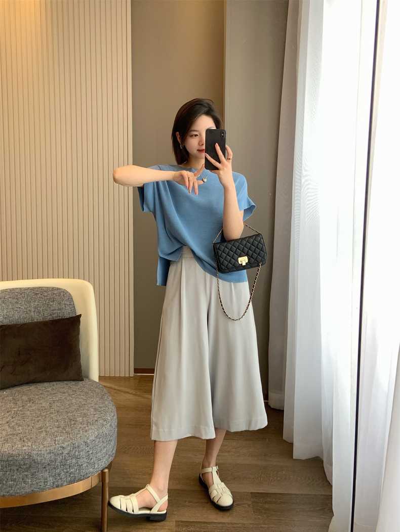 IN BLUE 島國單！冰麻質地！夏季薄款寬鬆一字領短袖針織衫T恤女22062804