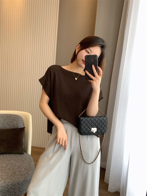 IN BLUE 島國單！冰麻質地！夏季薄款寬鬆一字領短袖針織衫T恤女22062804