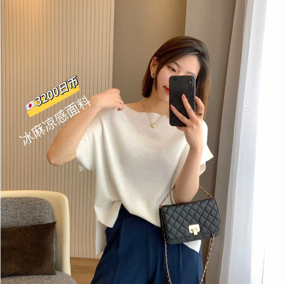 IN BLUE 島國單！冰麻質地！夏季薄款寬鬆一字領短袖針織衫T恤女22062804