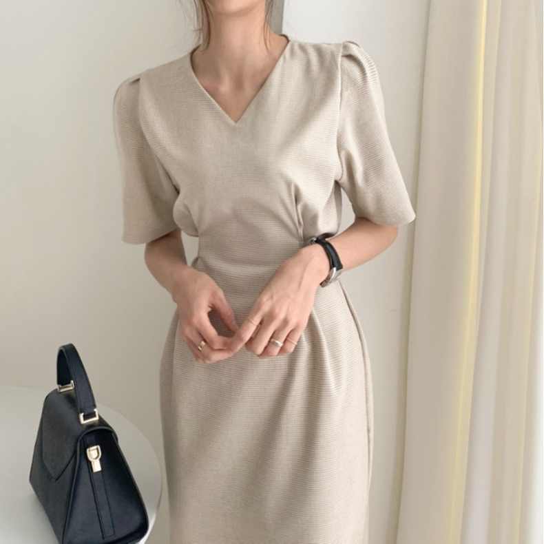 夏天簡約風初戀法式繫帶收腰桔梗過膝長裙子V領短袖連衣裙22070604