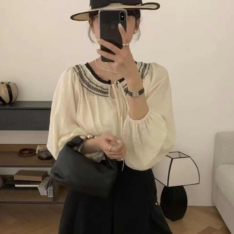 韓繫設計感襯衫女裝夏季新款小衆複古薄款長袖襯衣度假風別緻上衣22070706