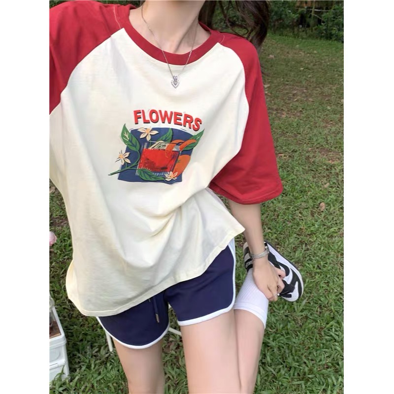 【聖西爾的日落。】美式複古印花牛角袖撞色女夏新中短袖純色T恤22071402