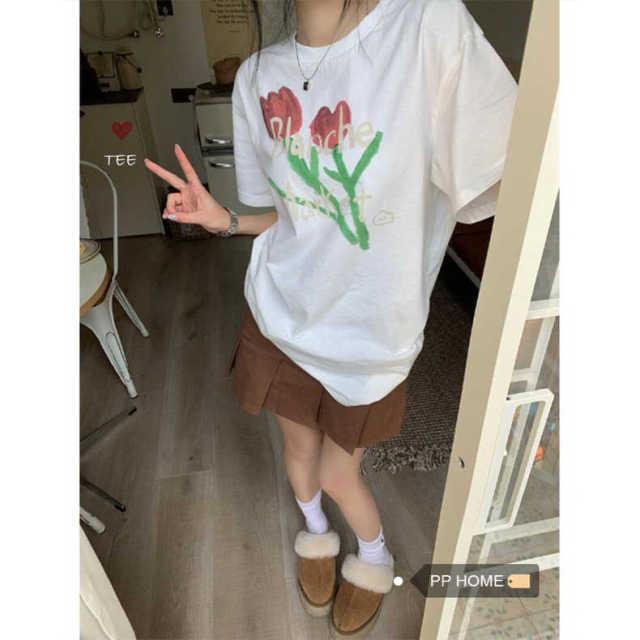 心動鬱金香~短袖T恤夏季百搭花朵印花寬鬆休閒圓領白色上衣22071503
