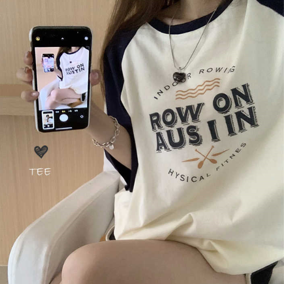美式小黃油~插肩袖T恤夏季複古美式字母印花撞色寬鬆上衣女22071505
