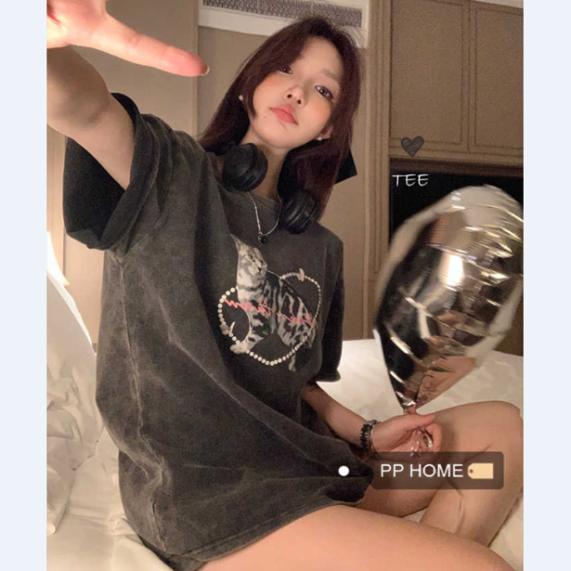 痞酷貓咪~夏季顯瘦寬鬆百搭圓領水洗做舊破洞短袖T恤上衣女22071801