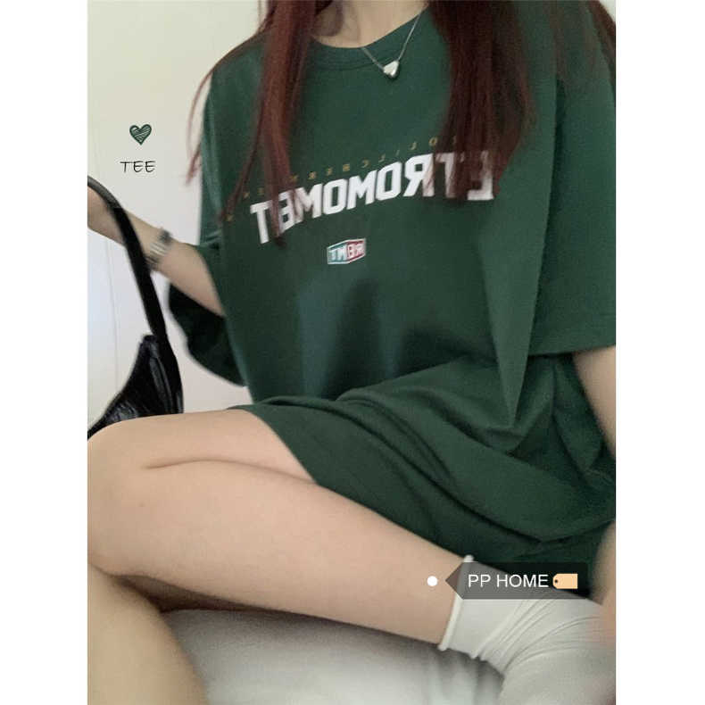 顯白古綠~短袖t恤夏季圓領薄款oversize寬鬆印花休閒上衣女22071804