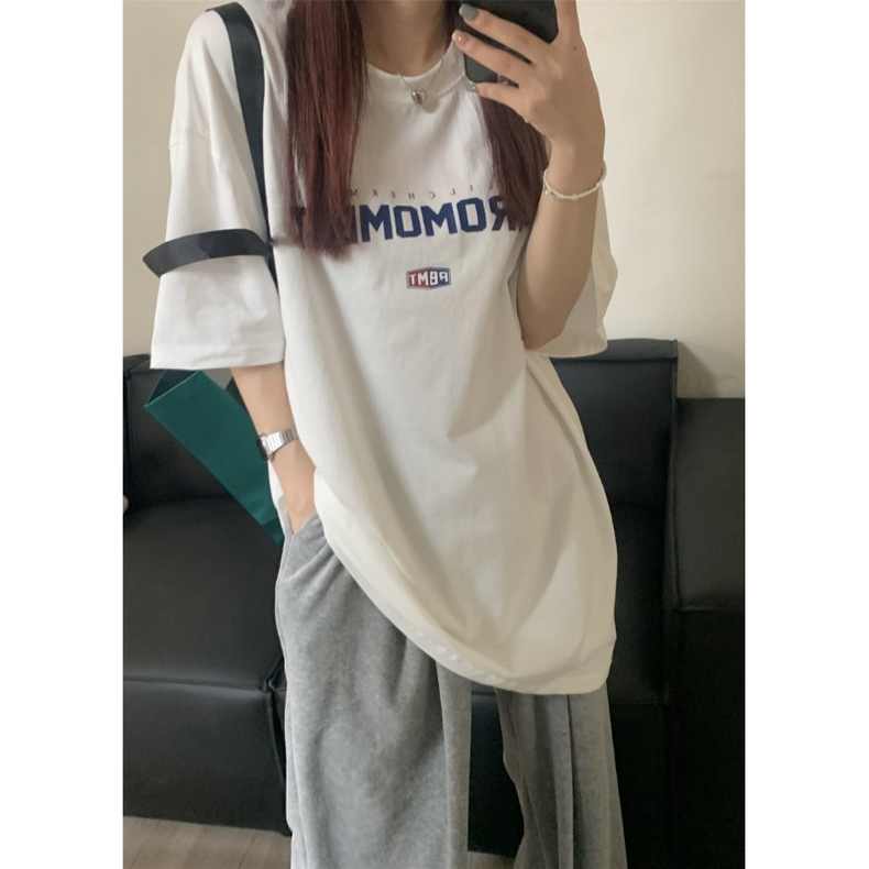 顯白古綠~短袖t恤夏季圓領薄款oversize寬鬆印花休閒上衣女22071804