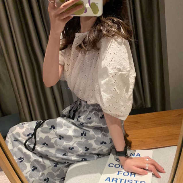 鏤空刺繡法式複古泡泡袖上衣女夏短款氣質小衫短袖襯衫設計感小衆22072006