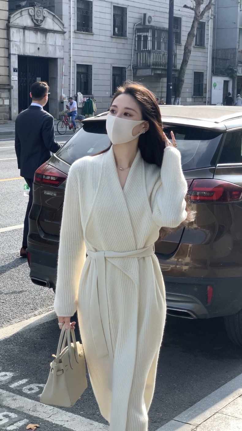 秋冬新款翻領針織開衫繫帶韓版寬鬆慵懶風過膝時尚中長款毛衣外套22092005