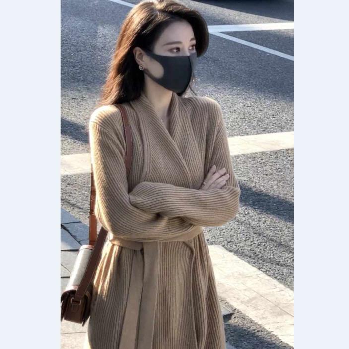 秋冬新款翻領針織開衫繫帶韓版寬鬆慵懶風過膝時尚中長款毛衣外套22092005