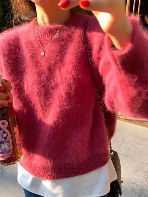 秋冬水貂絨套頭毛衣女法式復古寬松慵懶風加厚外穿針織上衣22102701