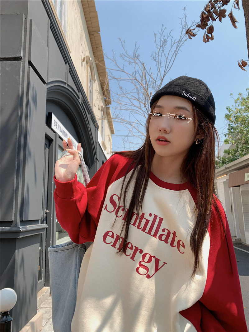 時尚字母小眾撞色長袖衛衣女秋季新款設計感休閒百搭寬松上衣22110109