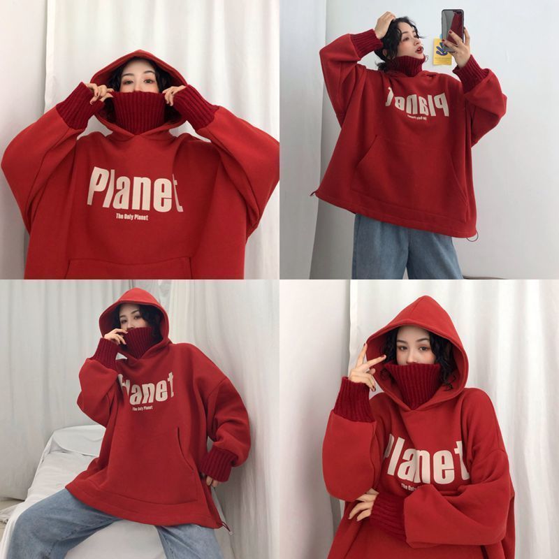 大碼加絨加厚衛衣女秋冬季慵懶風寬松外套chic潮牌上衣22110108