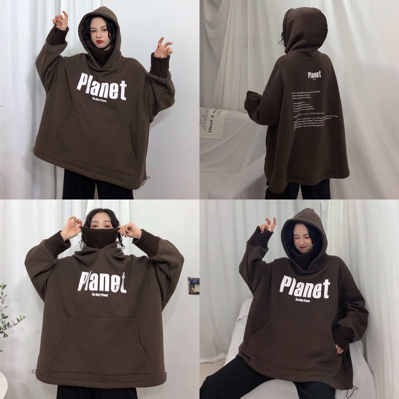 大碼加絨加厚衛衣女秋冬季慵懶風寬松外套chic潮牌上衣22110108