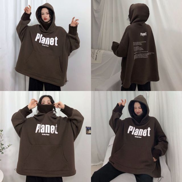 大碼加絨加厚衛衣女秋冬季慵懶風寬松外套chic潮牌上衣22110108