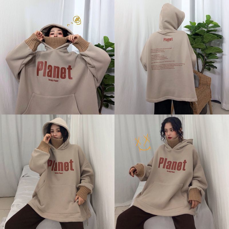 大碼加絨加厚衛衣女秋冬季慵懶風寬松外套chic潮牌上衣22110108