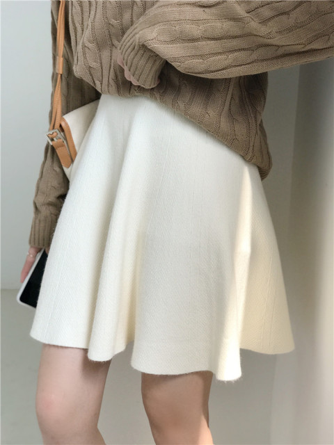 卡其色針織半身裙子女秋冬款高腰a字百褶毛線裙遮胯顯瘦蓬蓬短裙22110903