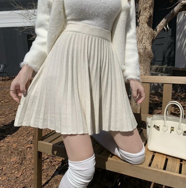 百褶半身裙女秋冬季新款韓版高腰A字顯瘦設計感百搭針織短裙22110902