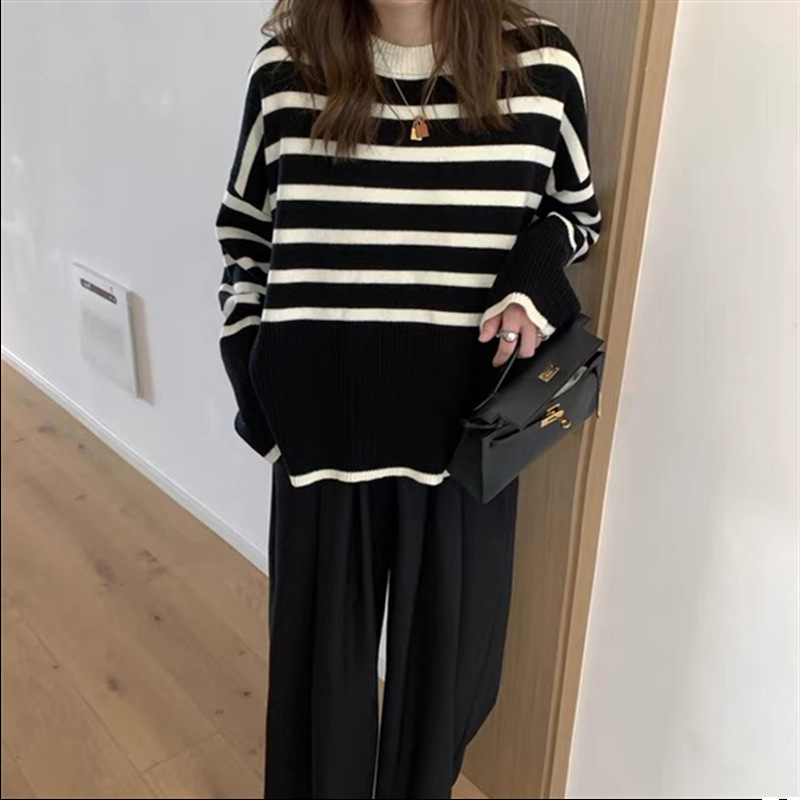 韓系復古條紋針織衫套頭秋冬新款寬松休閒簡約毛衣女打底上衣22111604
