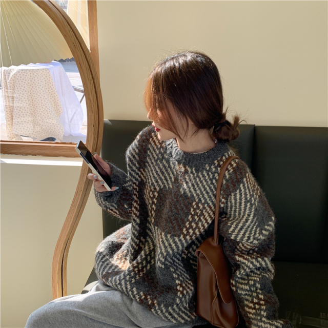 新款韓版復古格子撞色針織衫上衣加厚寬松長袖套頭毛衣女22111605