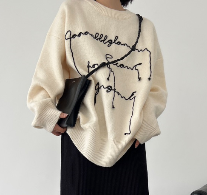 秋冬時尚休閒針織衫刺繡慵懶風感寬松套頭濮院毛衣女22112006