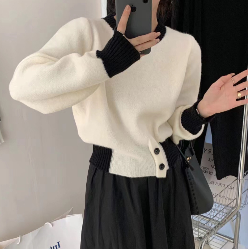 韓版毛衣女撞色紐扣短款冬新款2022時尚洋氣溫柔風軟糯奶系22112007