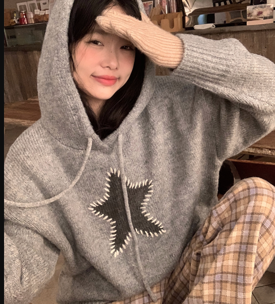 星甜妹星星寬松連帽毛衣女慵懶休閒百搭長袖針織衫上衣22113001