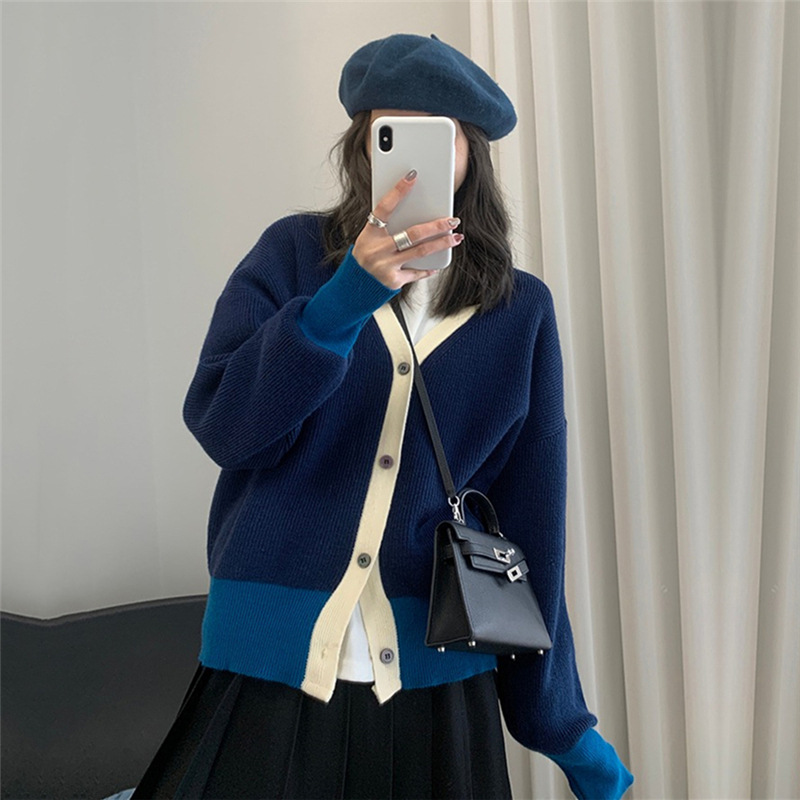 秋冬韓版軟糯針織開衫女新款寬松洋氣V領拼色拼接毛衣外套減齡外穿22120103