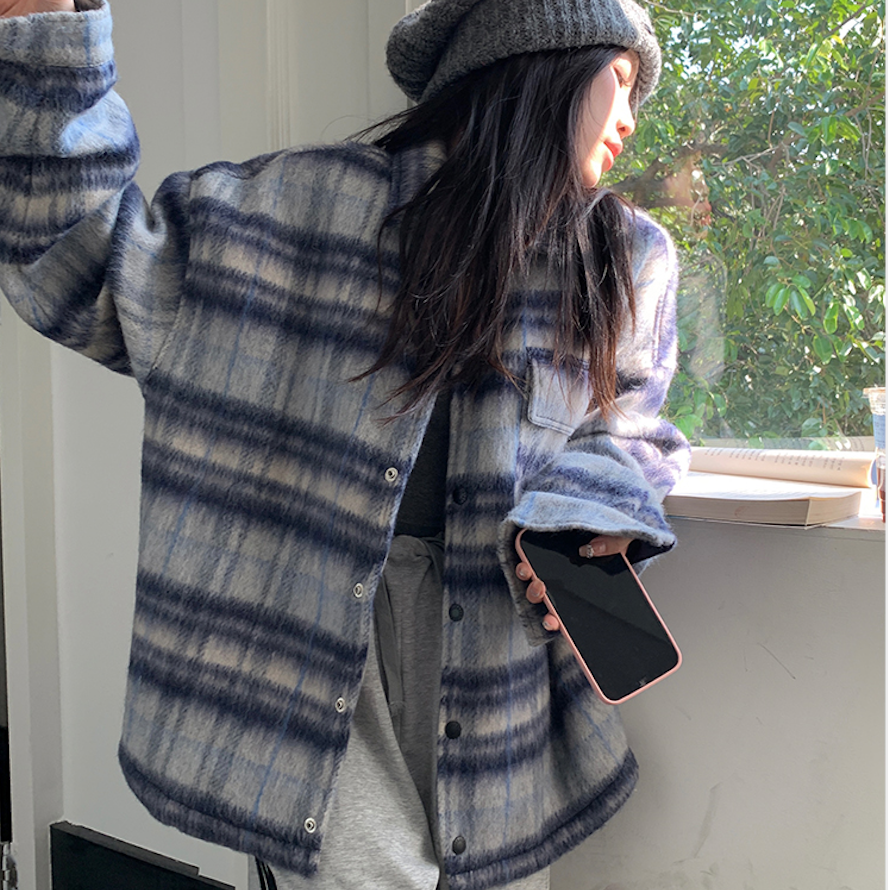 花開菱格撞色毛呢格子保暖外套女秋冬季百搭長袖開衫上衣22120803