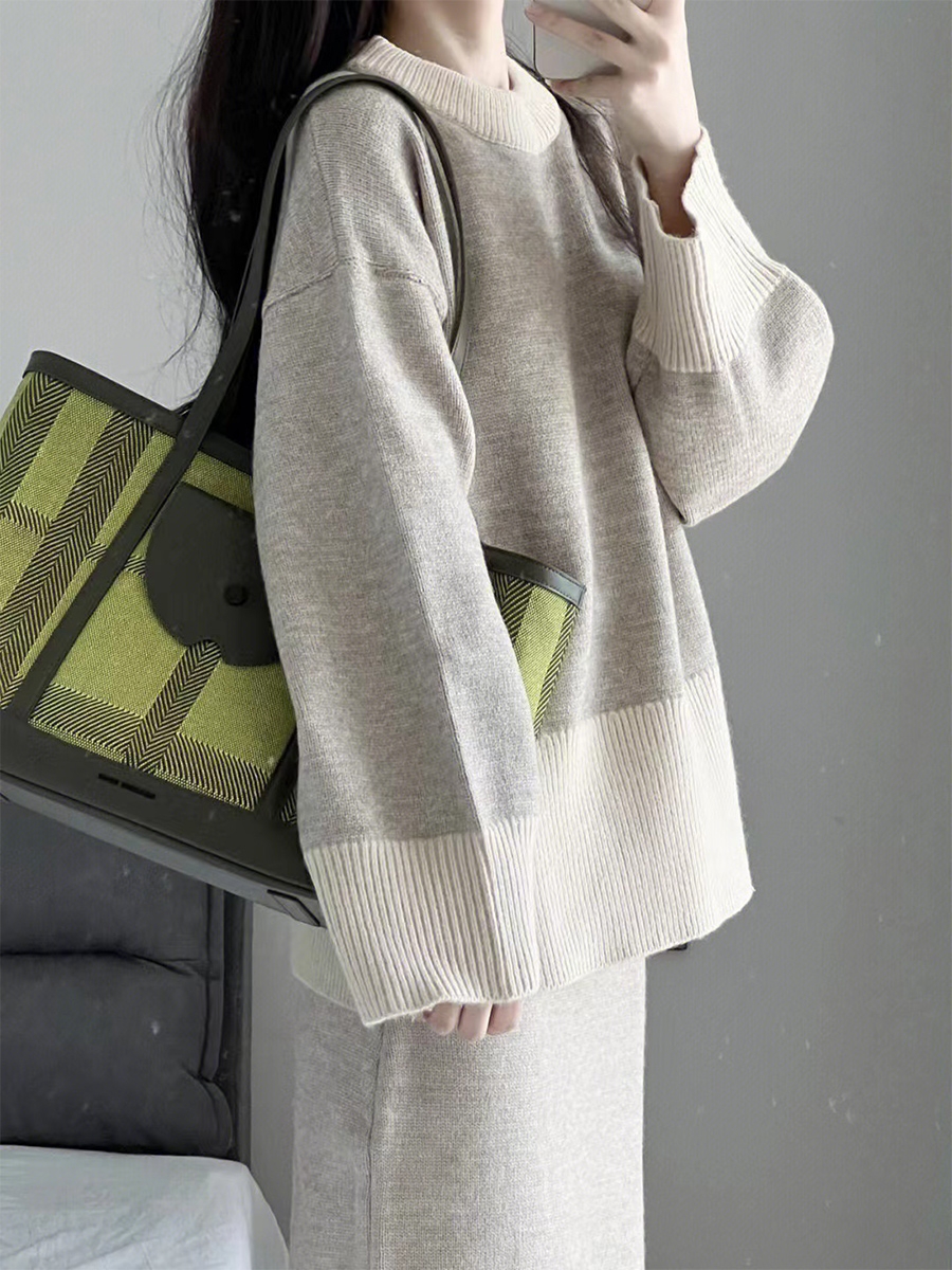 慵懶風撞色毛衣女秋冬季套頭內搭寬松中長款針織衫配半身裙的上衣22121103