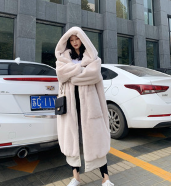 秋冬季新款Gigi同款仿獺兔毛加厚長款連帽毛毛外套皮草大衣女22122701