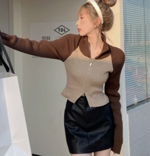 洋氣酷妹百搭顯瘦高領拉鍊針織衫女秋外穿休閒開衫短上衣23010104
