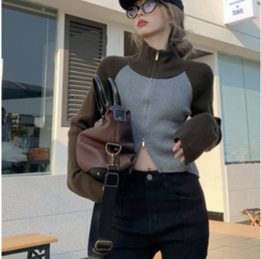 洋氣酷妹百搭顯瘦高領拉鍊針織衫女秋外穿休閒開衫短上衣23010104