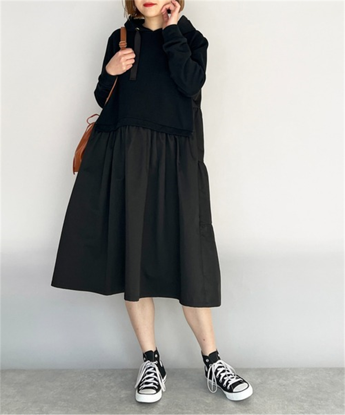 日系秋冬休閒個性減齡抽繩連帽後擺拼接長袖連衣裙寬松顯瘦衛衣裙23010907