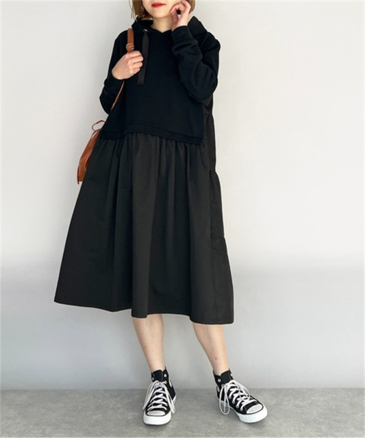 日系秋冬休閒個性減齡抽繩連帽後擺拼接長袖連衣裙寬松顯瘦衛衣裙23010907