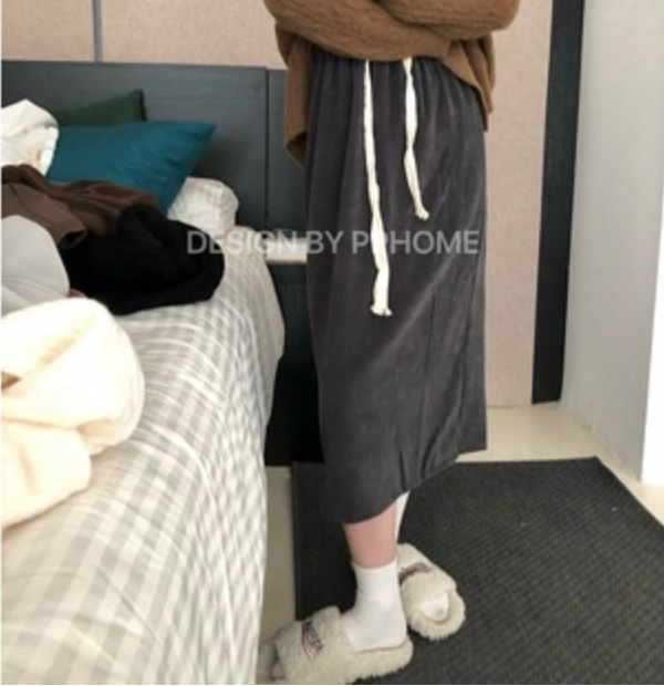 PPHOME你的遛彎裙秋冬百搭半身裙慵懶休閒鬆緊腰抽繩開叉直筒裙23010915
