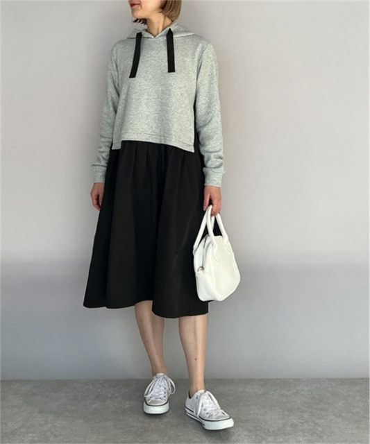 日系秋冬休閒個性減齡抽繩連帽後擺拼接長袖連衣裙寬松顯瘦衛衣裙23010907