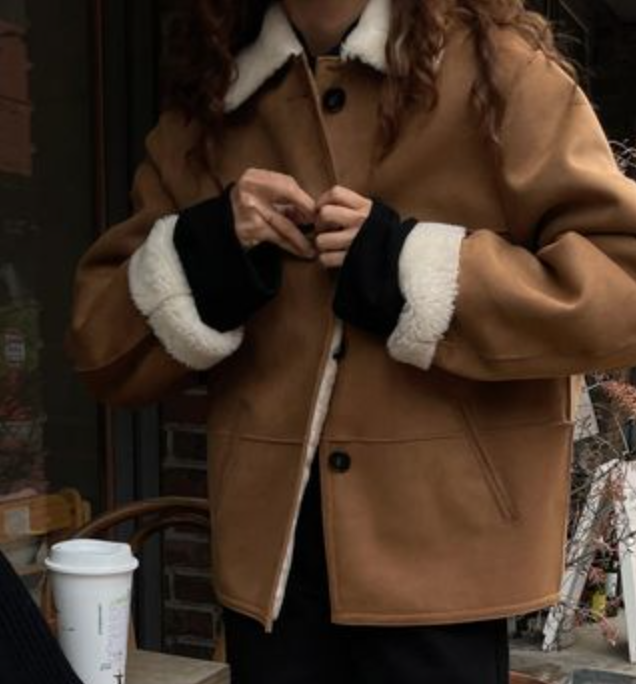 PPSHD韓國INS冬復古洋氣翻領內里羊羔絨寬松百搭保暖單排扣外套女23011004