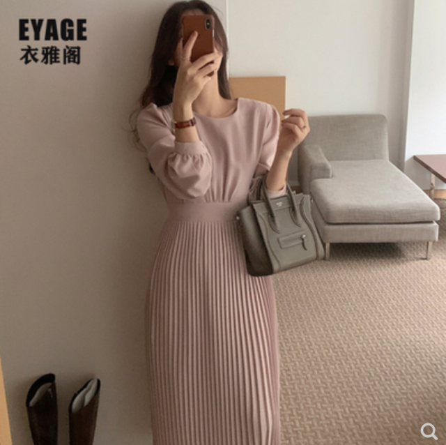 韓國chic優雅輕熟小個子連衣裙女春秋氣質復古收腰顯瘦短款打底裙23020303