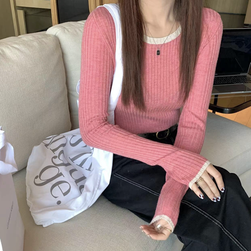 領口撞色打底衫女針織衫內搭上衣23020802