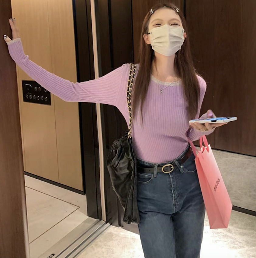 領口撞色打底衫女針織衫內搭上衣23020802