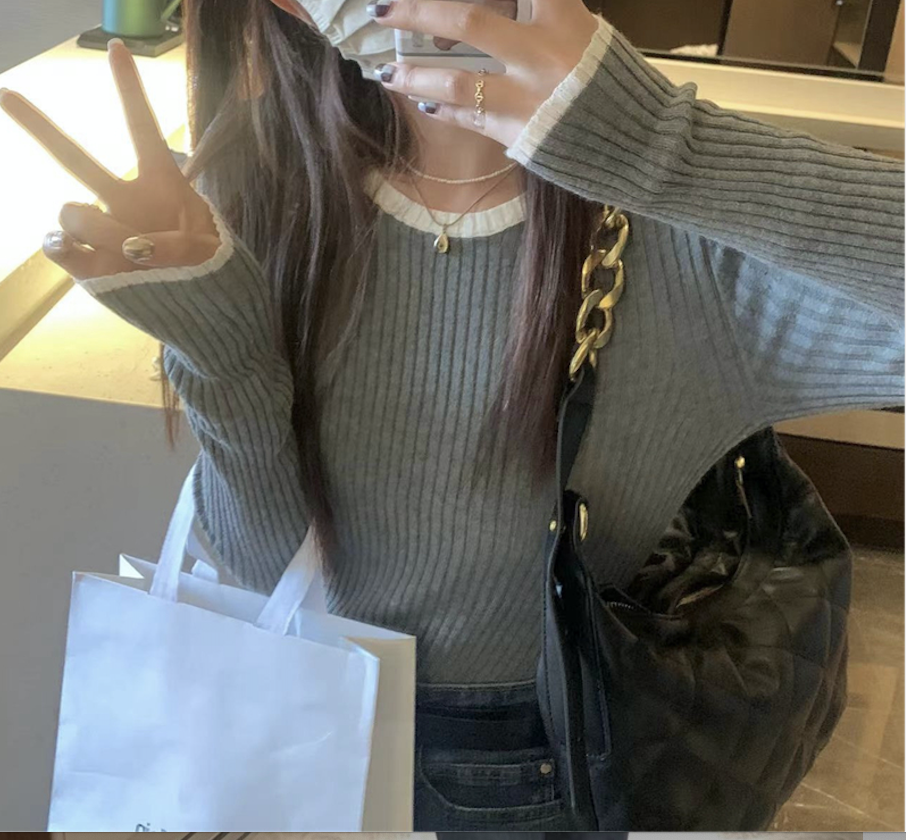 領口撞色打底衫女針織衫內搭上衣23020802