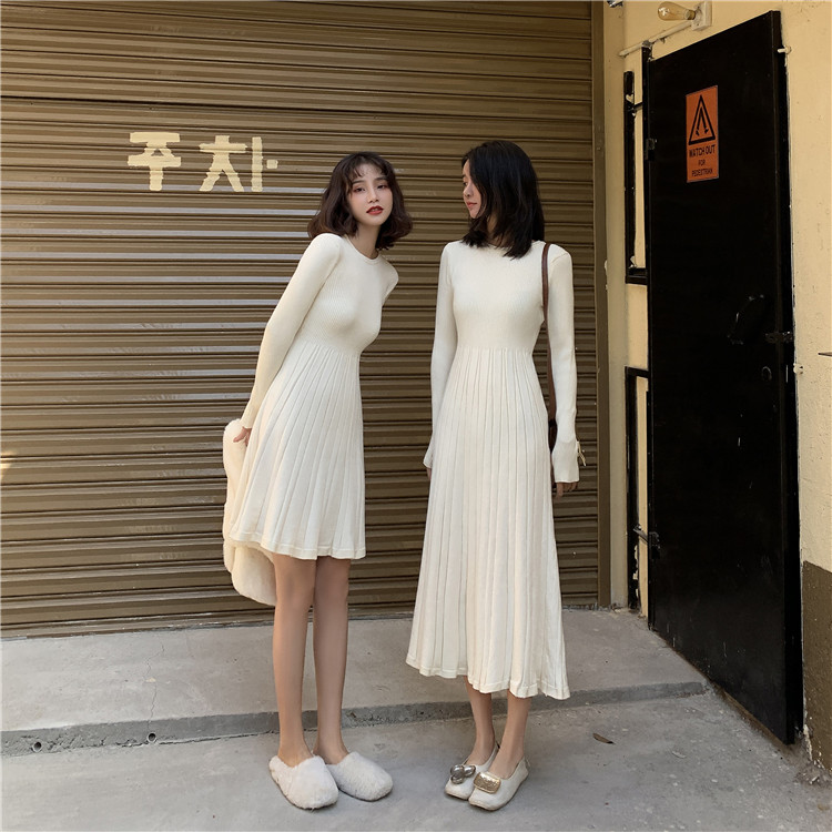 長款毛衣裙女秋冬裝新款長袖打底裙子收腰顯瘦港風針織連衣裙23021103