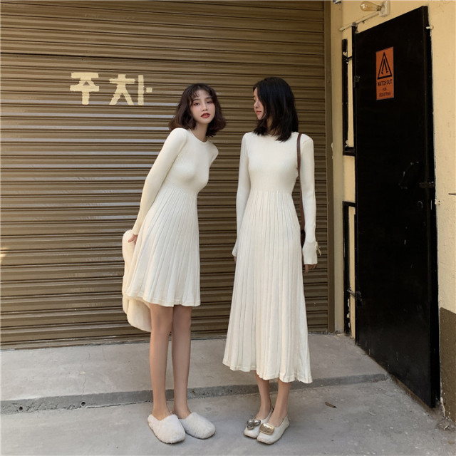 長款毛衣裙女秋冬裝新款長袖打底裙子收腰顯瘦港風針織連衣裙23021103