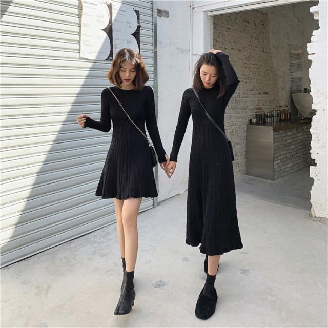 長款毛衣裙女秋冬裝新款長袖打底裙子收腰顯瘦港風針織連衣裙23021103