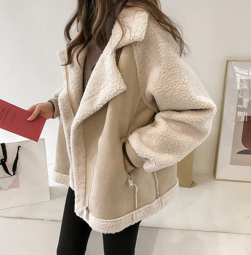 新款chic寬松皮毛一體麂皮絨外套女短款羊羔絨機車服夾克23021202