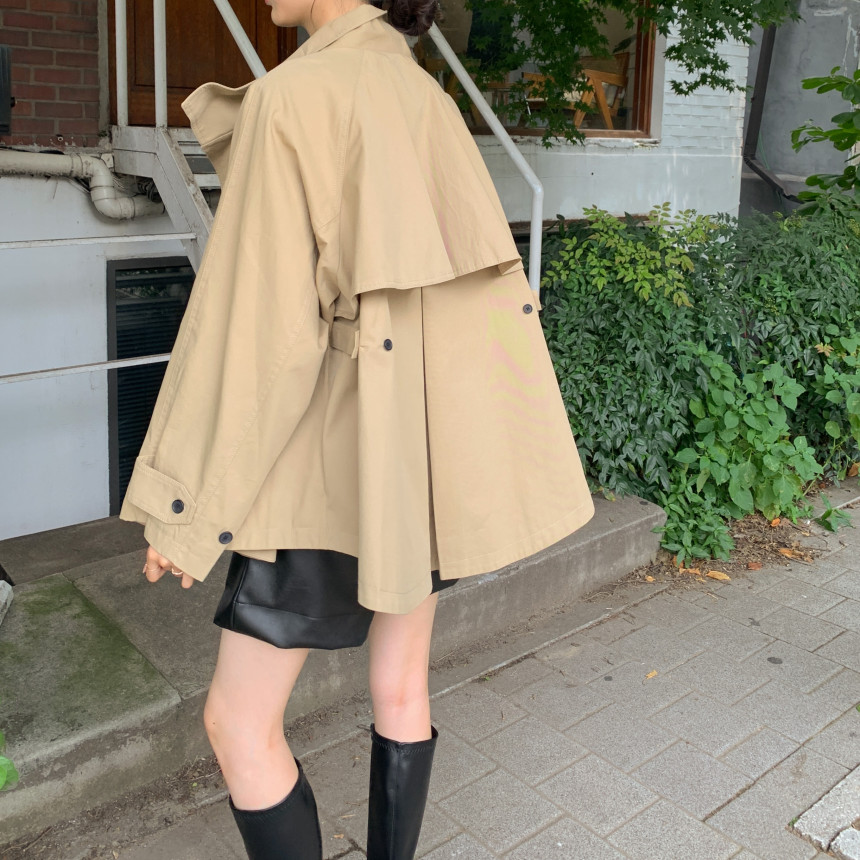 韓國chic秋季復古英倫風立領鬥篷設計感寬松長袖短款風衣外套女23021505