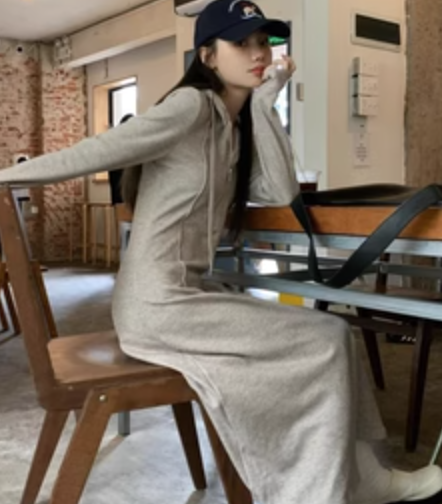 隨性的浪漫針織連帽拉鍊連衣裙打底裙抽繩休閒長短款裙子23031101
